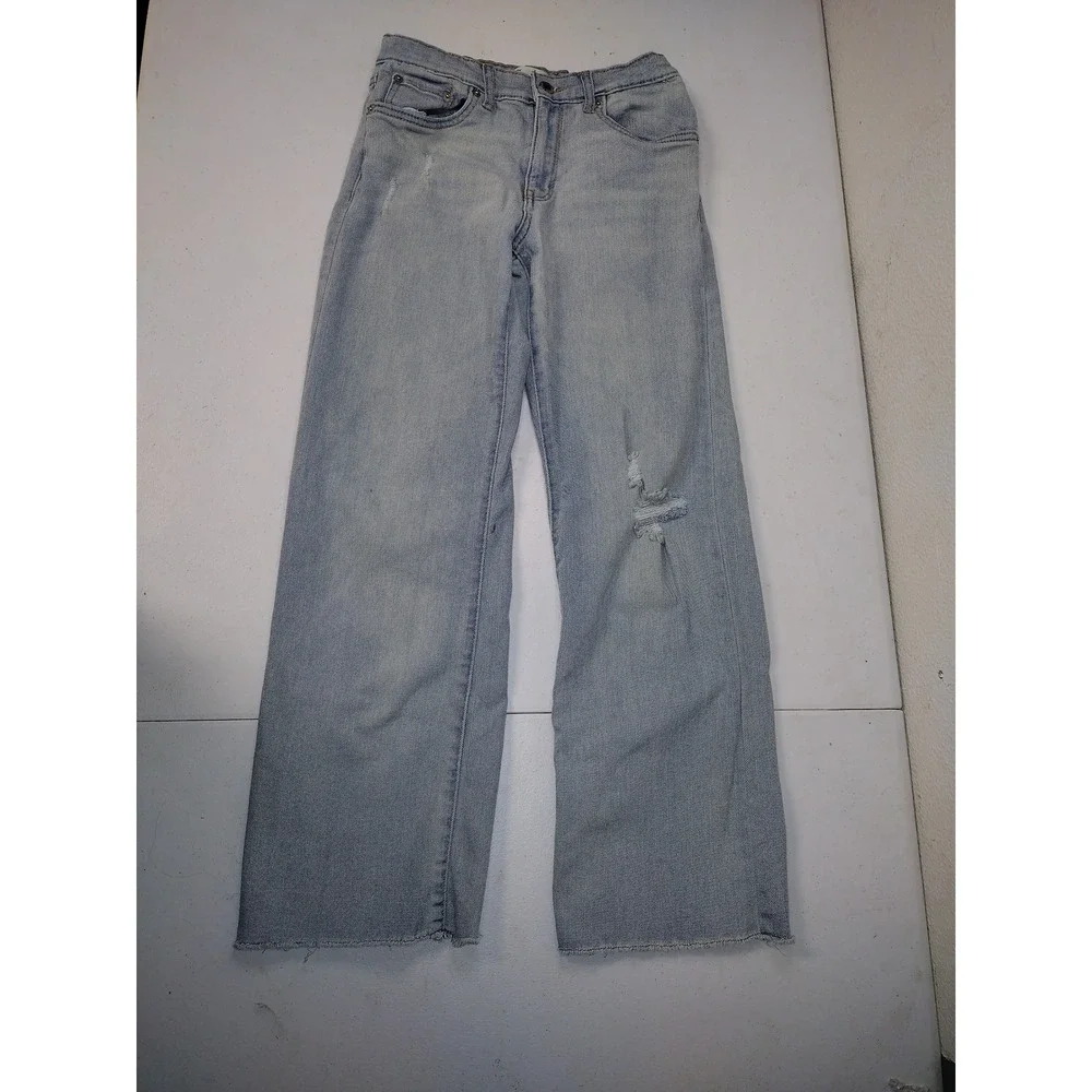 Levis Girls Wide Leg Jeans Light Wash Distressed Raw Hem Size 14
